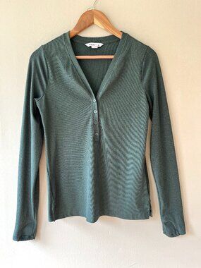 Athleta Sz S Olive Green Uptempo Ribbed Henley Top Pullover V Neck Thumbholes